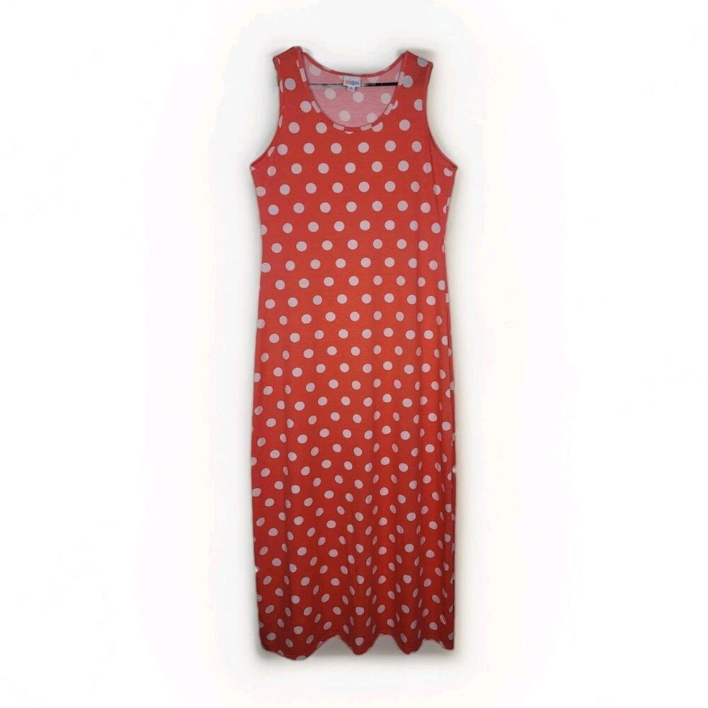 Lularoe XL Maxi Tank Dress Coral Orange White Polka Dot Dani Long Beach Resort